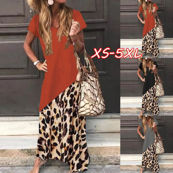 Loose Long Dress Women's Summer Casual Short Sleeve Leopard Printed Maxi  Dress Plus Size | Wish