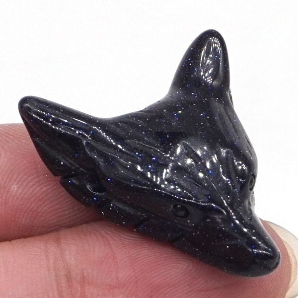 Wolf Head Pendant Blue Goldstone Sand Healing Crystal Gemstone Carved Necklace 
