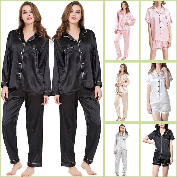 Fashion Soft Noble Lady Satin Silk Pajamas Set Short Sleeve Button-Down  Women's Sleepwear Loungewear Two Piece Sets