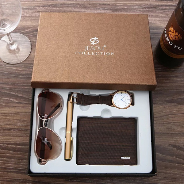 4pcs/set Boutique Gift Set Wallet+Sunglasses+Quartz Watch+Pen