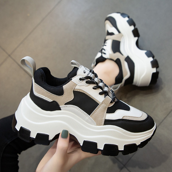 Women Chunky Sneakers Vulcanize Shoes Korean Black White Platform Thick Sole Running Casual Shoe Woman 7cm Wish