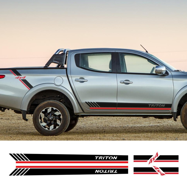 Pegatinas de vinilo gráficas de rayas para puerta de maletero lateral de vinilo 4X4 para Mitsubishi l2 Triton Pickup accesorios de coche pegatina personalizada l200 custom Pegatinas de vinilo gráficas de rayas para puerta de maletero lateral de vinilo 4X4 para Mitsubishi l2 Triton Pickup accesorios de coche pegatina personalizada