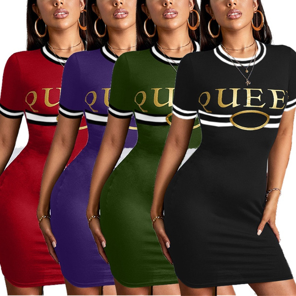 Summer Fashion Women Sexy O Neck Dress QUEEN Letter Print Slim Fit Dress  Casual Short Sleeves T Shirt Mini Dress Party Sexy Skinny Short Dress Black  and White Stripes Plus Size Dress