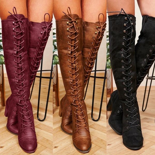 Women Plus Size Front Lace Up Knee High Boots Fashion Casual Thick Heels Tall Boots Lady Classic High Heel Round Toe Thigh Boots