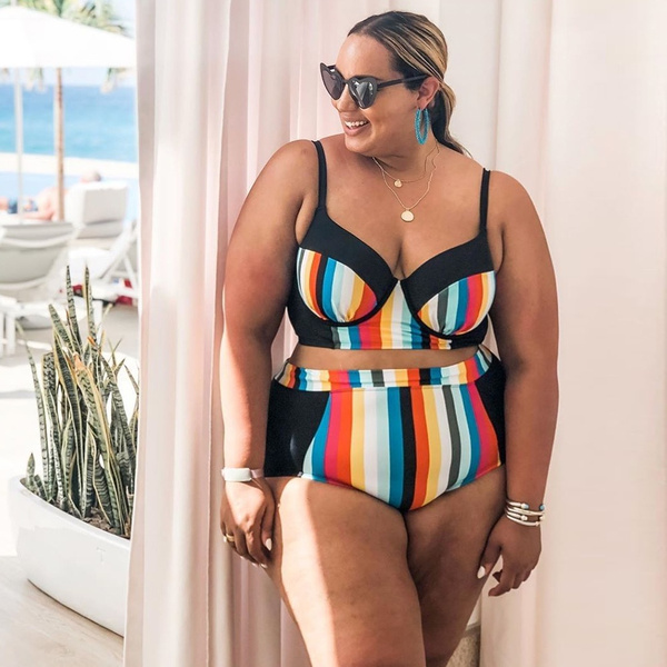 Plus Size Bikini Set for Obese Woman Separate Women's Swimwear High Waist  Big Breasts Swimsuit Large Striped Bathing Suits 2020