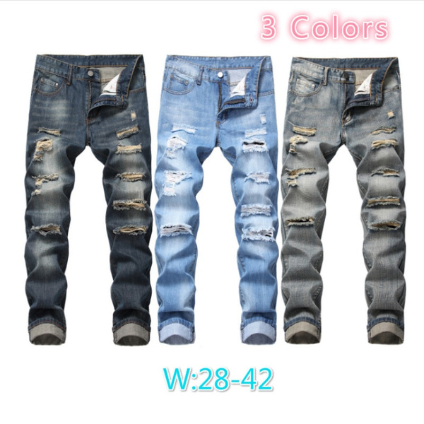 New Men's Ripped Slim Fit Straight Denim Jeans Vintage Style with
