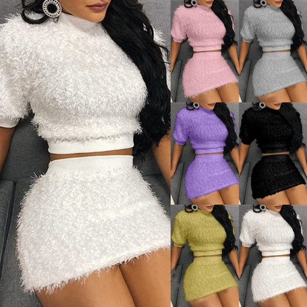 Crop Top and Short Skirt Faux Fur 