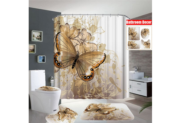 Golden Flower Shower Curtain Mat Set with Carpet Bath Screen for Home Hotel  Bathtub Partition Mold Proof Durable Curtains Hooks - AliExpress