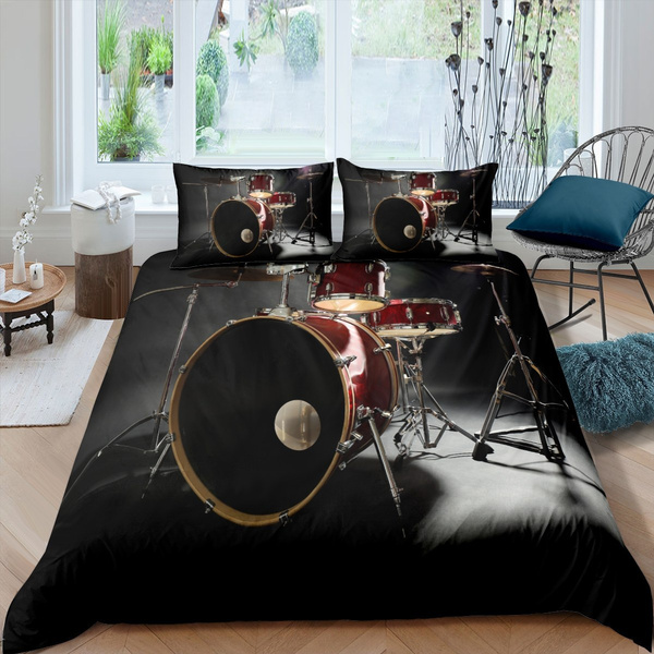 Feelyou Drum Kit Bedspread Rock Music Themed Coverlet for Kids Boys Girls Musical Pattern Quilt Set Instruments Print Bed Cover Quilted Bedroom Collection 2Pcs Twin Size