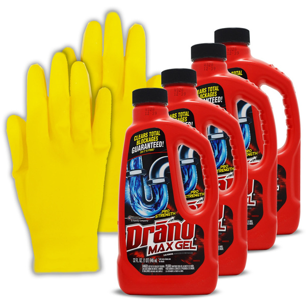 4 PK) Draino Max Gel Kit: (32 Oz) Professional Strength Drano Drain Clog  Liquid Remover Cleaner, Works On Hair And More In The Bathtub, Sink, Shower  & HeroFiber Rubber Protection Gloves.