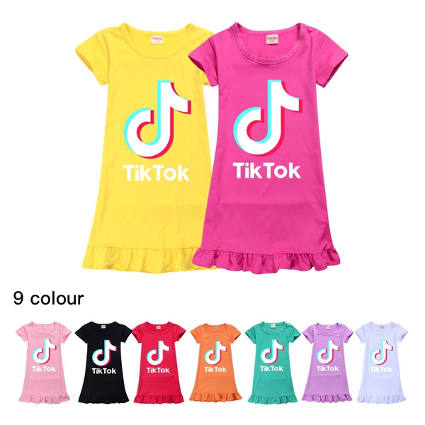 Tik Tok Kids Pajamas Skirt Girls Short Sleeve Ice Silk Dress