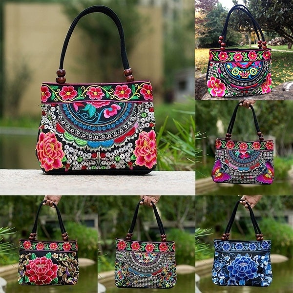 Baoblaze – Borsa A Mano Donna Con Ricamo Floreale Vintage – Stile Etnico Bohémien – In Tela E Seta Con Perline - 4