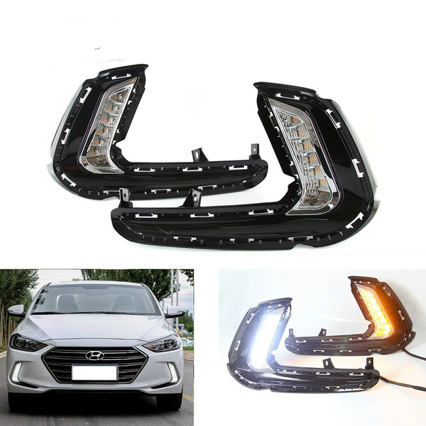 Car LED Daytime Running Lights for Hyundai Elantra 2016 2017 2018 2019 DRL  With Yellow Turn Signal Light Fog Lamp Cover