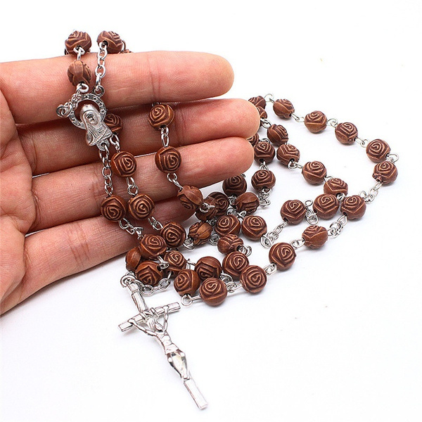 Handmade Wooden Beads Catholic Rosary Necklace with Cross