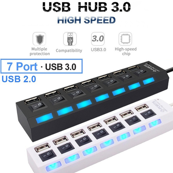 edited 7 Ports LED USB Adapter Hub Power on/Off Switch for PC Laptop Hubs