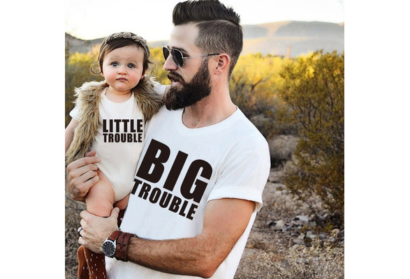 Big Trouble and Little Trouble Family Matching Clothes Outfits Cotton Dad  Daughter Son TShirt Daddy Baby Girl Boy Romper Clothes