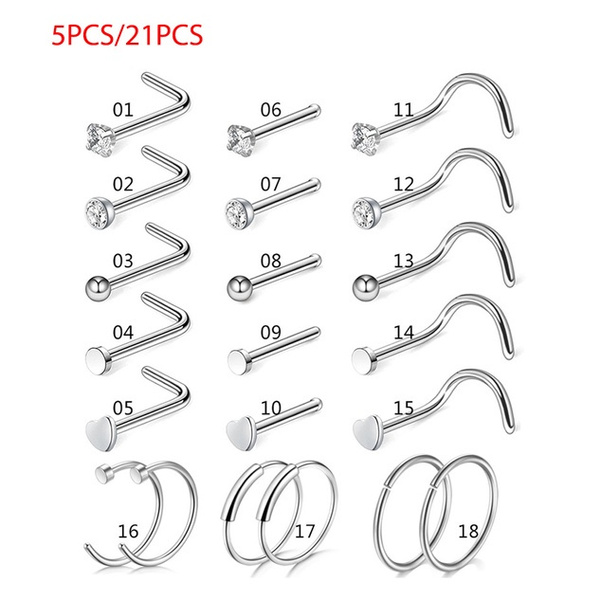 5/21pcs Stainless Steel Nose Ring Studs Hoop for Women 20g Nose Ring CZ L Shape Nose Piercing