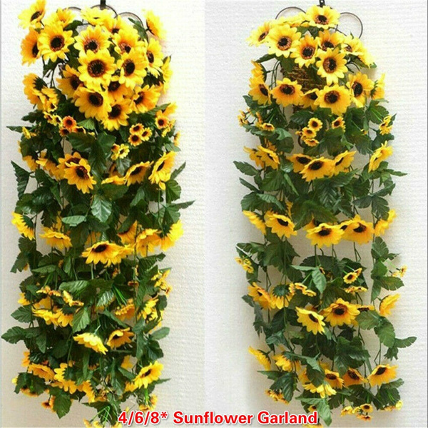 IMIKEYA Artificial Sunflower Garland Silk Sunflower Vine Hanging Long Yellow Flower Rattan Helianthus Wreath with Green Leaves for Wall Greenery Cover Jungle Wedding Decor 70cm 