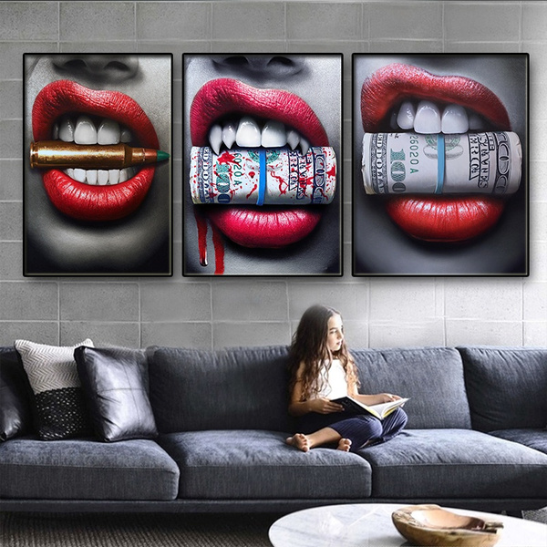 3 Pcs Wall Art Prints Posters Y Red Lips Bite Bullet And Money Modern Canvas Paintings For Living Room Decor Unframed Wish - Bullet Home Decor