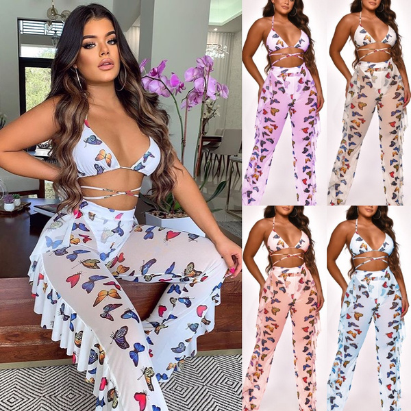 Fashion Women 3 Pcs Butterfly Bikini Set Summer Beach Tankini Bathing Suit Chiffon Butterfly Print Ruffle Pants Swimming Suit Set Plus Size