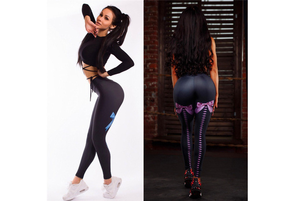 Sexy Black Bow Print Sports Yoga Jogger Leggings Tights Long Pants