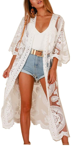 JDiction Women Swimsuit Cover Up Bathing Suit Kimono Long Beach Dress  Floral Lace Bikini Swim Coverup