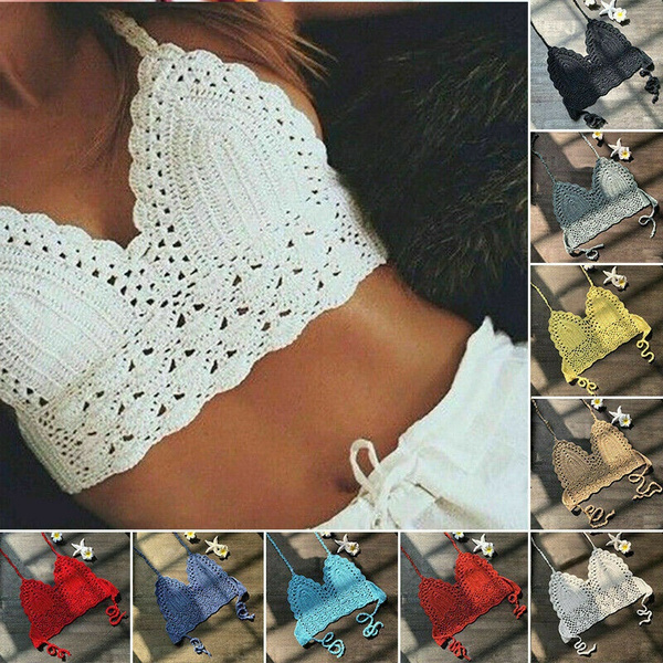 Women Crochet Lace Vest Crop Top Knitted Bra Boho Beachwear Holiday Bikini  Tank