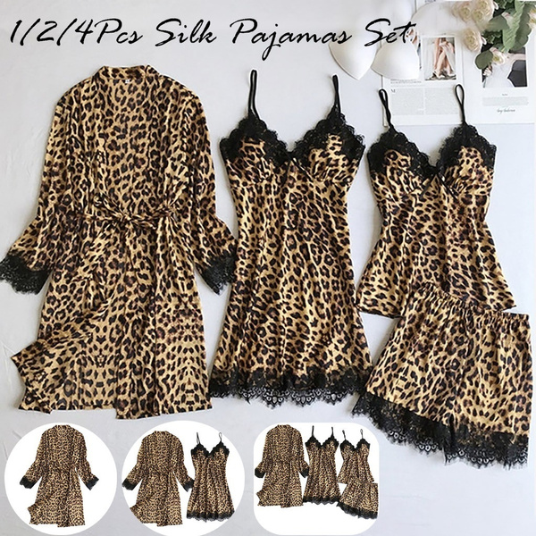 1/4PCS Women Satin Silk Pajamas Cardigan Nightdress Underwear Sleepwear Set