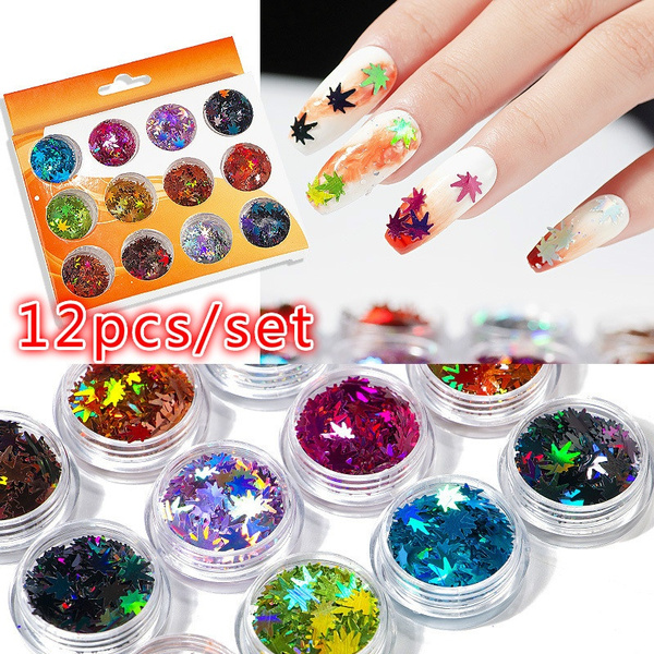 12 Colors/set Maple Leaves Nail Art Glitter Sequins Set Ultrathin Tip ...