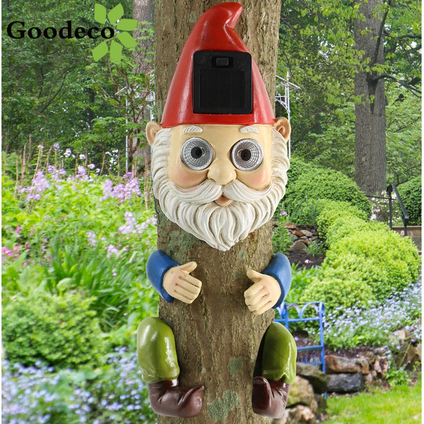 Gnome w/ Bluebird Peeking Out Of Window Tree Hugger Garden Statue