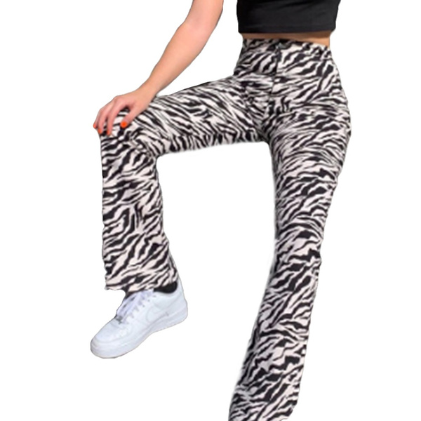 Women Casual Long Pant Zebra Stripe High Waist Casual Trousers Palazzo ...