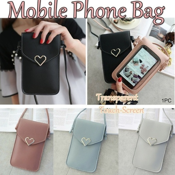 Women Fashion Heart shaped Decor Crossbody Bag Transparent Touchable PU Leather Change Bag Mobile Phone Bags