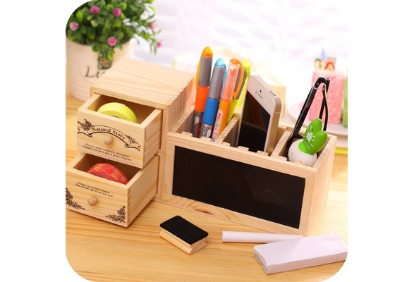 Creative Wood Pencil Holder Desk Pen Holder For Office Multi Function Pencil Box With Blackboard Wish