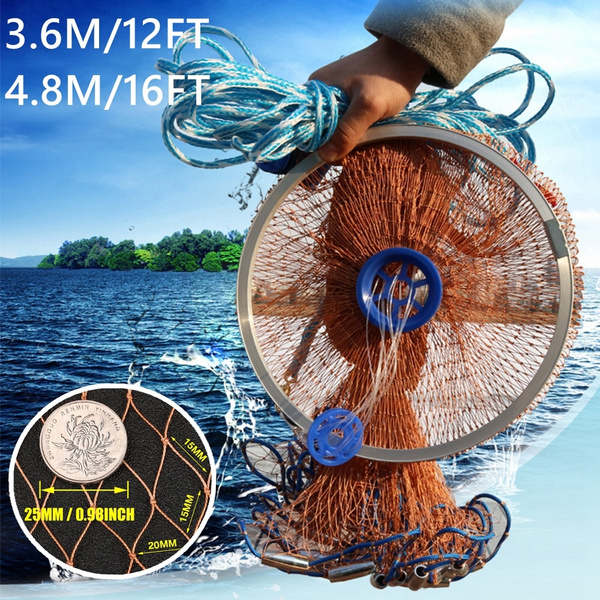 Heavy Duty Mesh Wire Strong Nylon Net Dia.12FT 16FT Fishing Net Throw Cast  Net Sea Fishing Net Zinc Chain Bottom Sinker Full Spread Wire