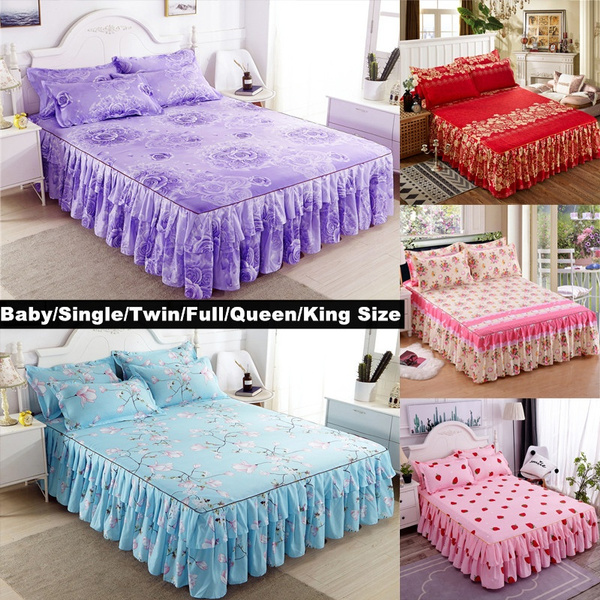 Romantic Purple Flower Pattern Rose Printed Pink Strawberry Ruffled Elastic  Bed Skirt Baby/ Single/Twin/Full/Queen/King Size 6 Colors Floral Printed 