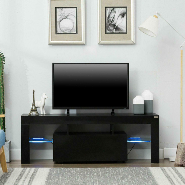 Modern Black Tv Stand Unit Cabinet W/ Led Light 2 Drawers Console Table ...