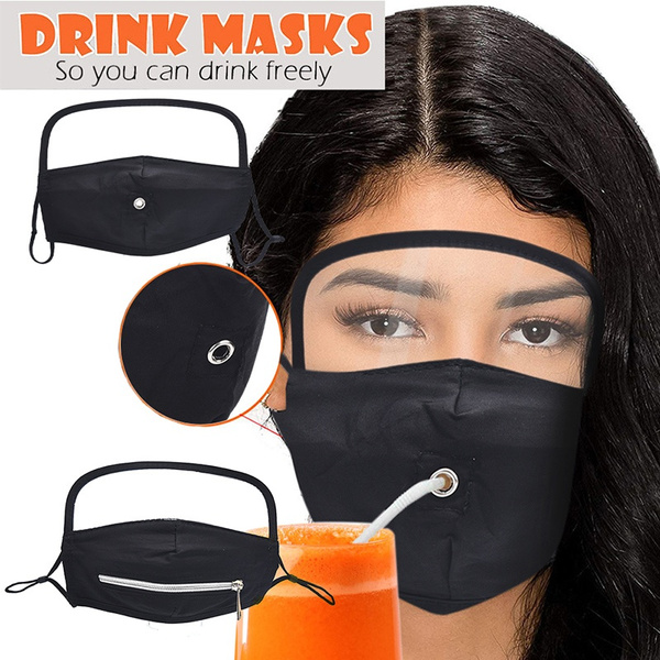Reusable Straw Hole Zipper Mask Easy to Drink Washable Drinking Face Mask |  Wish