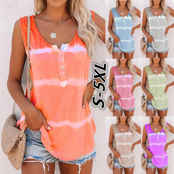 Womens Tie-dye Sleeveless Tank Tops Summer Loose T Shirts Tops Blouse Plus Size
