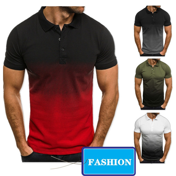 Summer Fashion Gradient Men's T-shirt, Lapel Short-sleeved Slim Polo ...