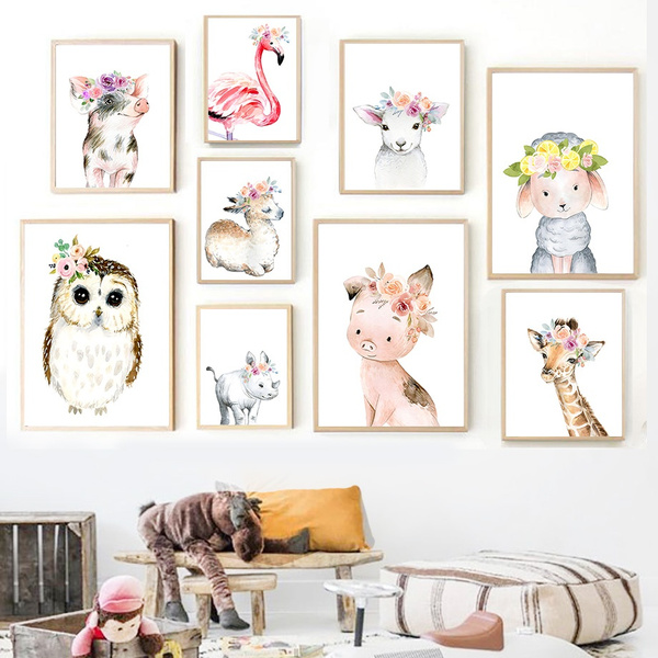 Fashion Cartoon Animal Canvas Poster Nordic Art Painting Kids' Room Home Decor 