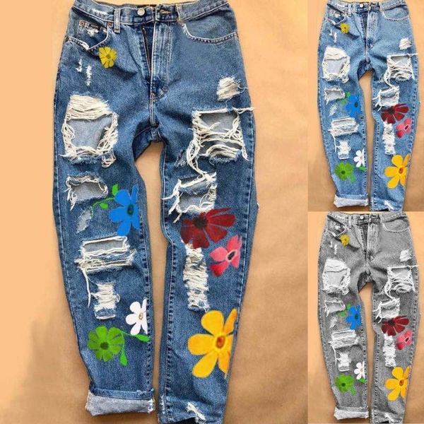 3 Color Distressed Jeans Women Printed Flowers Casual Denim Pants