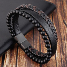 Stainless steel magnetic buckle wristband bracelet men natural stone beaded leather bracelet multi-layer rope jewelry