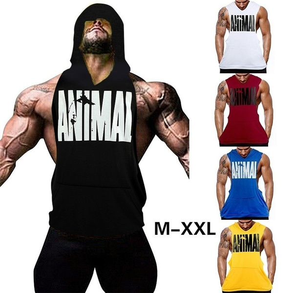 Fashion Men Fitness Gym Clothing Bodybuilding Stringer Hoodie Tank Tops  Muscle Sleeveless Hooded Shirt Sport Hoodies Vest Printed Animal