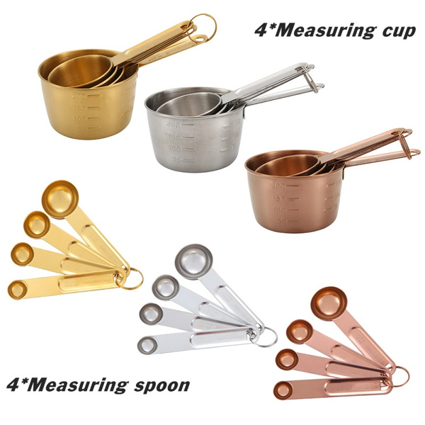 Stainless Steel Measuring Cups and Spoons set of 8 Engraved Measurements,Pouring  Spouts & Mirror Polished for Baking (Rose gold / Silver/ Gold)