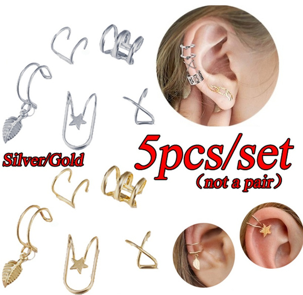 5pcs No Piercing Fake Cartilage Ear Cuff Earrings Jewelry Gold