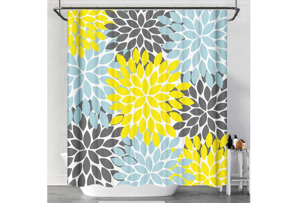 Raymall Yellow Gray Shower Curtain Dahlia Flower Floral Seamless Pattern Kaleidoscope Leaves 72x72 Inches Waterproof Polyester Fabric with Hooks for Bathroom Decor