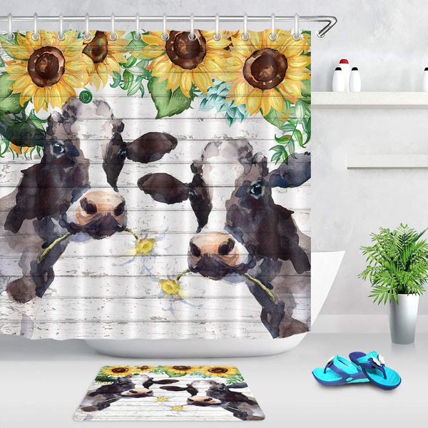 Funny Farm Cow Spring Sunflowers Daisy Shower Curtain Sets For Bathroom Decor 