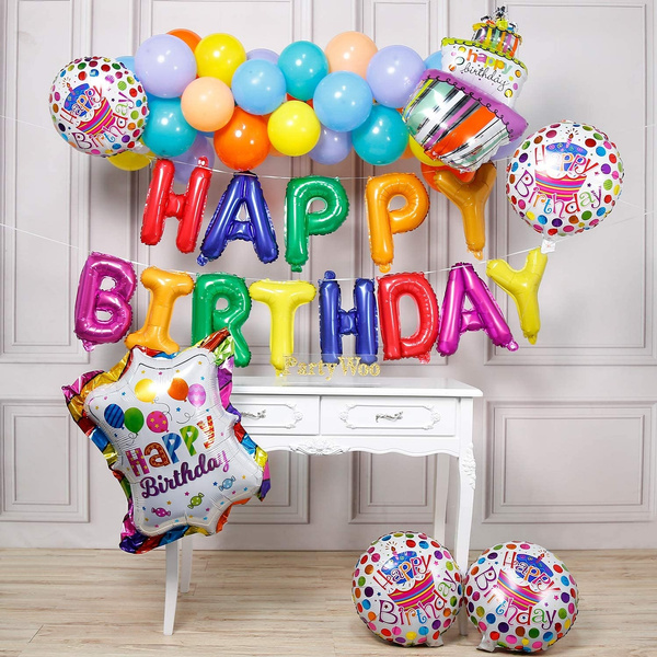 PartyWoo Happy Birthday Balloons, 37 pcs Happy Birthday Mylar Balloons,  Happy Birthday Letter Balloons, Happy Birthday Foil Balloons, Colorful  Happy Birthday Banner for Rainbow Birthday Decorations