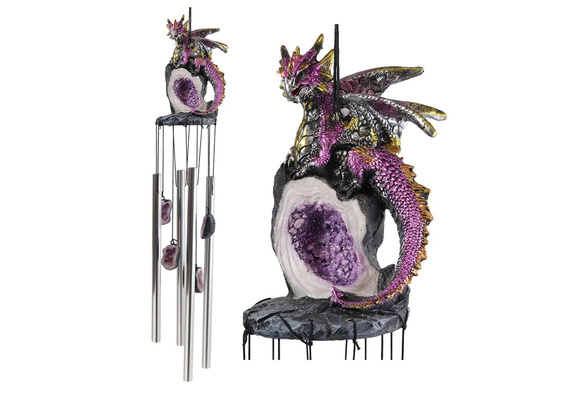 Ebros Gift Medieval Green Dragon Guarding Emerald Crystal Geode Rock Figurine Crown Top Resonant Wind Chime with Miniature Geode Rocks Ornaments for Garden Patio Home Fantasy Dungeons and Dragons