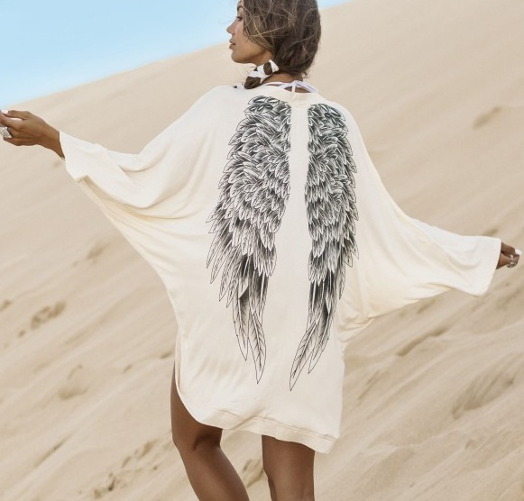 Women Back Angel Wings Print Fashion Loose Cardigan Coat Wish